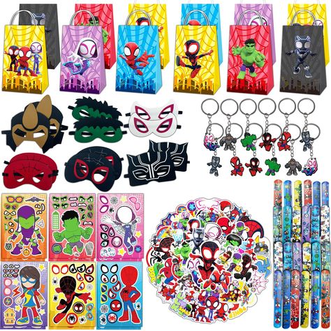 PRICES MAY VARY. 🎁 UNFORGETTABLE SUPERHERO EXPERIENCE: Turn your child's dream of being a spider and his amazing friends superhero into reality with our comprehensive superhero party favor package. Designed to create magical moments at birthday parties or costume-themed events, our diverse range of superhero-themed items ensures an unforgettable celebration. 💫 ABUNDANCE OF JOYFUL PLAY: Packed with 12 superhero keychains, 12 superhero paper bags, 12 spidey felt masks, 6 spidey Make-a-Face stick Spidey And Friends Birthday Party Games, Spider Man Theme Birthday Party, Spidey And His Amazing Friends Birthday Decorations Ideas, Spidey Party Decorations, Spider And His Amazing Friends Birthday, Spidey And His Amazing Friends Birthday Decorations, Spiderman 5th Birthday Party, Spider And His Amazing Friends, Spidey And Friends Birthday Party