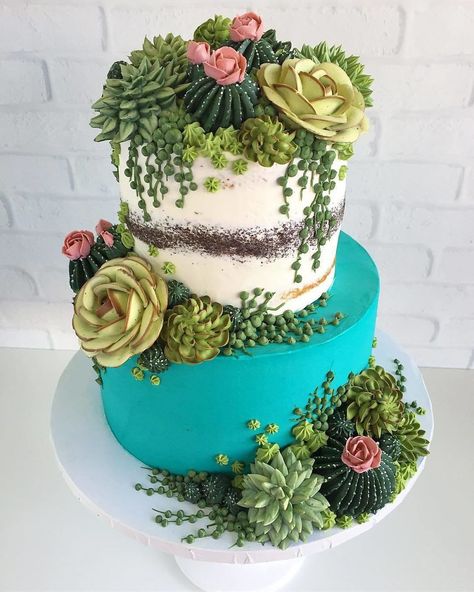 Succulents Cake Ideas, Cupcakes Succulents, Cactus Cakes, Buttercream Succulents, Creative Cake Ideas, Gökkuşaği Pasta, Gourmet Baking, Floral Food, Torte Creative