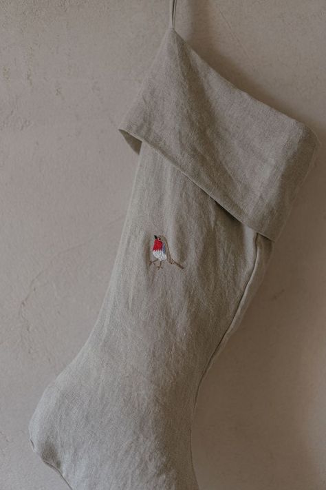 linen handmade embroidery christmas gift Linen Christmas Stocking, Spreading Christmas Cheer, Christmas Linen, Natural Christmas, Handmade Embroidery, Christmas Mood, Christmas Socks, Organic Linens, Casual Trousers