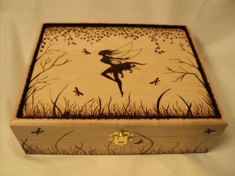 Wooden Woodburned Fairy Forest Jewelry Box, fairy box, keepsake box, fairies, wood Diy Jewelry Box, Forest Jewelry, Fairy Box, Jewelry Box Design, Pyrography Patterns, Jewerly Boxes, Woodburning Projects, Fairy Forest, Pyrography Art