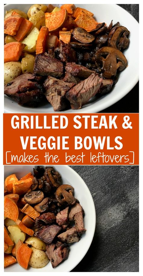 If you love leftovers then these Grilled Steak and Veggie Bowls are for you! Prep the ingredients ahead of time and reheat for another easy weeknight meal. Mom To Mom, Veggie Bowls, Bbq Pork Ribs, Pork Rib Recipes, Grilled Steak Recipes, Veggie Bowl, Grilled Steak, How To Grill Steak, Easy Weeknight