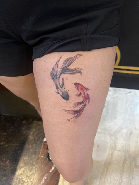 Pisces tattoo done at thigh by Arek Ryan at @tenzintattoos ..follow for more.. Pisces Thigh Tattoo, Pisces Tattoo, Pisces Tattoos, Thigh Tattoo, Follow For More, Tattoos, Quick Saves