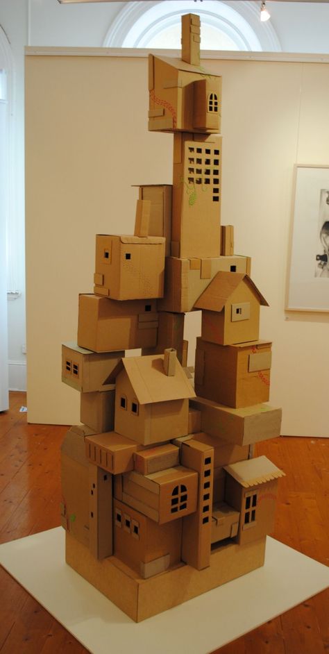 Miniature Cardboard Houses, Embroidered Architecture, Cardboard Sculpture Ideas, 3d Cardboard Art, Cardboard Architecture, Cardboard Buildings, Cardboard Building, Carton House, Cardboard Sculptures