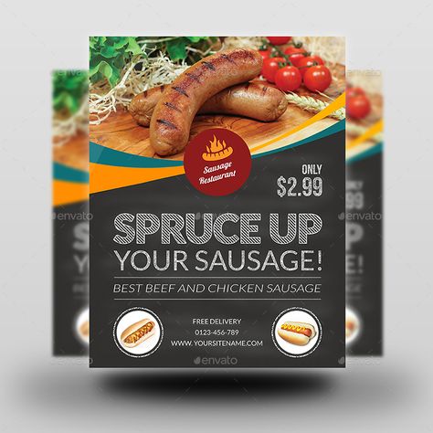 Sausage Restaurant Flyer Template Preview - GraphicRiver Sausage Poster, Magazine Fonts, Restaurant Advertising, Cloud Kitchen, Restaurant Flyer, Billboard Design, Fonts Typography, Sausage Rolls, Chicken Sausage