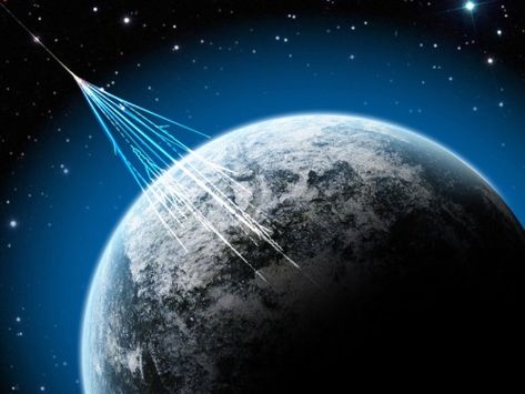 Artist's concept of cosmic rays striking Earth's atmosphere and creating a shower of secondary particles.  Researchers on Earth observe the secondary particles in order to study cosmic rays, which cannot penetrate Earth's atmosphere.  Image via J. Yang / NSF Astronomy Terms, Cosmic Rays, Refracting Telescope, Space Photography, Earth Atmosphere, Hubble Space, Physicists, Cosmic Energy, Hubble Space Telescope