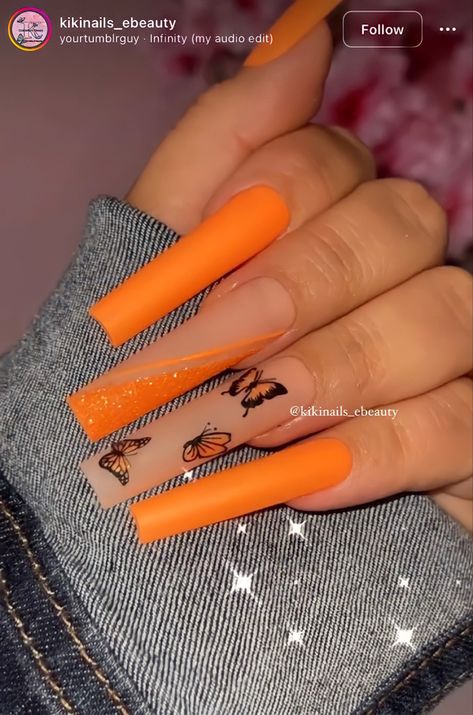 Long Neon Orange Acrylic Nails, Colorful Coffin Acrylic Nails, Neon Orange Nails, Orange Acrylic Nails, Orange Nail, Spring Acrylic Nails, Drip Nails, Colored Acrylic Nails, Matte Nails Design