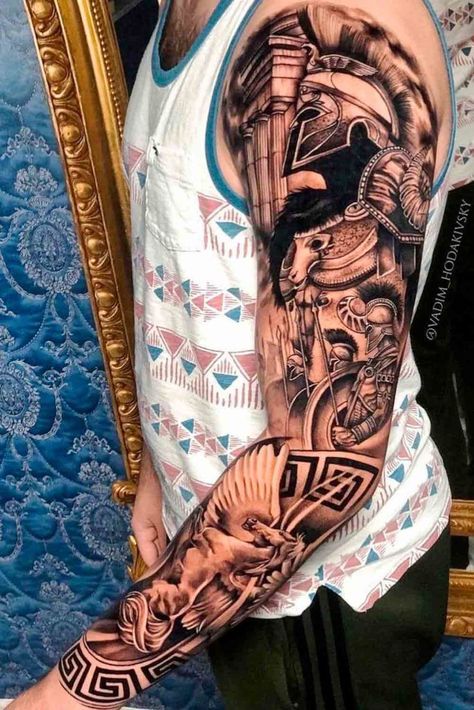 Greek God Tattoo, Roman Tattoo, Gladiator Tattoo, Egyptian Tattoo Sleeve, Catrina Tattoo, Spartan Tattoo, Half Sleeve Tattoos Drawings, Dragon Sleeve Tattoos, Full Sleeve Tattoo Design