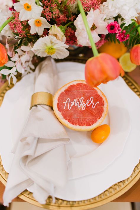 Orange Centerpieces, Acrylic Place Cards, Citrus Wedding, American Party, Wedding Colours, Wedding Place Settings, Party Places, Easter Brunch, Create Something