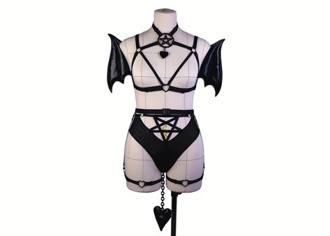 Succubus Clothing, Cutecore Anime, Heart Pentagram, Ruffle Skirt Long, Harness Fashion, Oc Challenge, Stockings And Suspenders, Lingerie Outfits, Mod Fashion