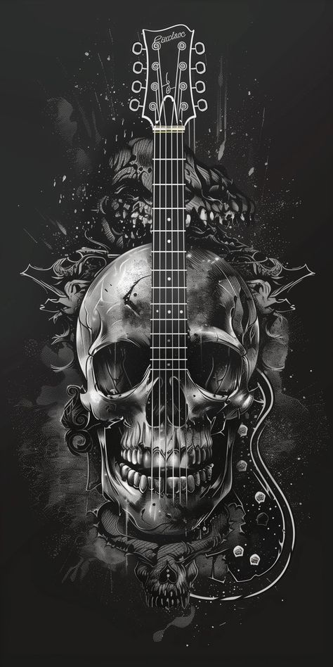 Guitar Skull Tattoo, Necked Wallpaper, Skull Pictures Dark, Caveira Do Rock, Skull Background Wallpapers, Black And White Skull Tattoo, Dark Skull Wallpaper, Skull Artwork Illustrations, Guitar Wallpaper