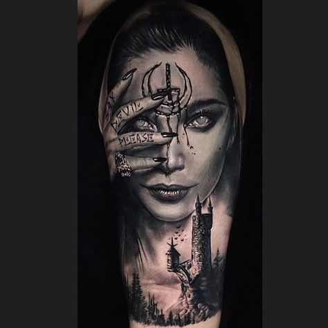 Dark Disney Tattoo, Hals Tattoo Mann, Mangas Tattoo, Skull Girl Tattoo, Evil Tattoo, Evil Tattoos, Girl Face Tattoo, Demon Tattoo, Wicked Tattoos