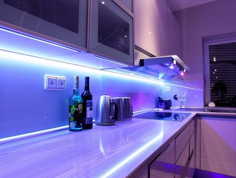 24 Brilliant Kitchen Design Ideas | Garden.Lighting Kitchen Ideas Led Light, Kitchen Decor Led Lights, Led Lights Kitchen Aesthetic, Led Kitchen, Pink Led Lights Kitchen, Blue Led Lights Kitchen, Kitchen Led Lighting, Elegant Kitchen Design, Led Light Design