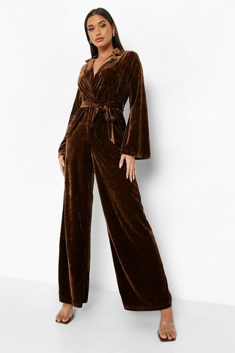 Velvet Belted Tailored Wide Leg Jumpsuit | boohoo Waved Hair, Black Wide Leg Jumpsuit, New Year’s Eve Outfit, Brown Jumpsuits, Rompers Womens Jumpsuit, Velvet Jumpsuit, Designer Jumpsuits, Eve Outfit, Sitting Pretty