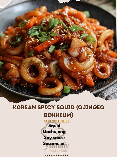 Korean Spicy Squid Recipe, Ojingeo Bokkeum, Squid Recipes, Red Pepper Paste, Pepper Paste, Minced Onion, Green Onion, Sesame Oil, Sesame Seeds