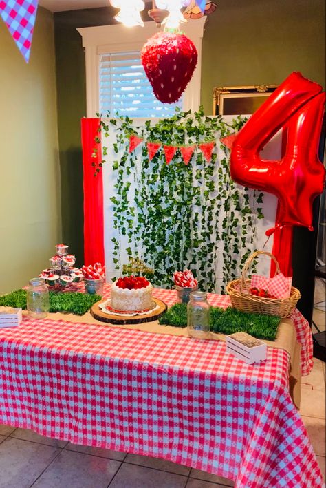 4th birthday strawberry farm party. Strawberry Birthday, Strawberry Farm, Strawberry Fields Forever, Strawberry Party, Farm Birthday Party, First Birthday Party Themes, Fourth Birthday, Farm Party, Farm Birthday