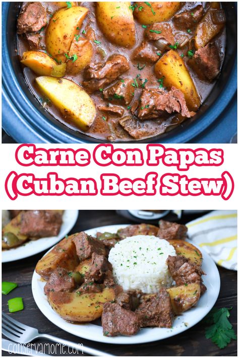 This delicious and easy Carne con Papas recipe is a favorite in our home. A traditional Cuban Beef Stew that will be a welcome addition to any recipe book. Carne Con Papas Cuban, Papas Recipe, Cuban Beef, South American Recipes, Cuban Dishes, Cuban Cuisine, Slow Cooker Beef Stew, Hispanic Food, Beef Stew Recipe