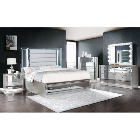 Mirrored Furniture Bedroom, 2023 Bedroom, Upholstery Headboard, 5 Piece Bedroom Set, Silver Bedroom, Mirrored Bedroom Furniture, Glam Furniture, Furniture Material, Retro Glam