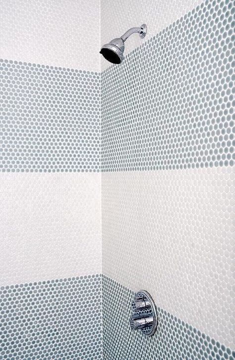 stripes on shower walls created with penny tiles Penny Tile Bathtub Surround, Blue Penny Tile, Penny Tiles Bathroom, Penny Tiles, Lake Condo, Bahamas House, Blue Shower Tile, Bathtub Ideas, Nyc Family