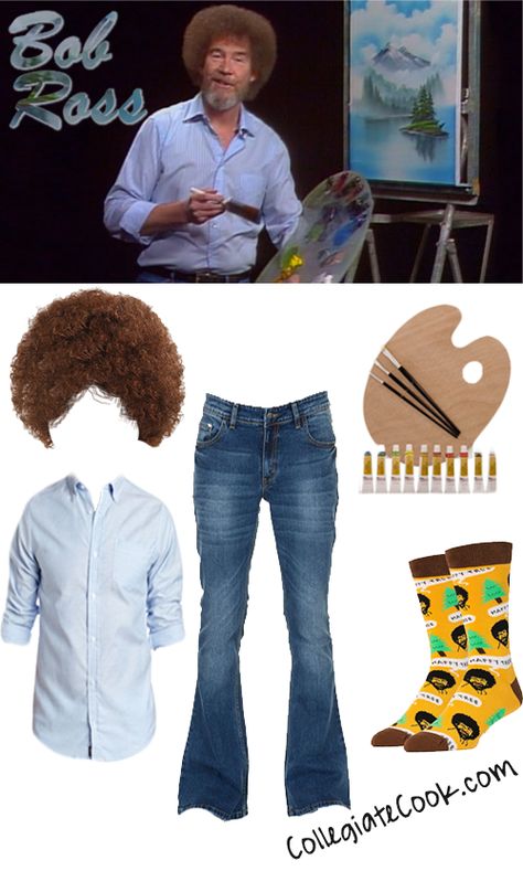 Bob Ross Family Halloween Costume, Bob Ross Costume Woman, Bob Ross Trunk Or Treat, Bob Ross Couple Costume, Bob Ross Party, Man Costume Ideas, Bob Ross Halloween Costume, Bob Ross Costume, Men's Halloween Costumes