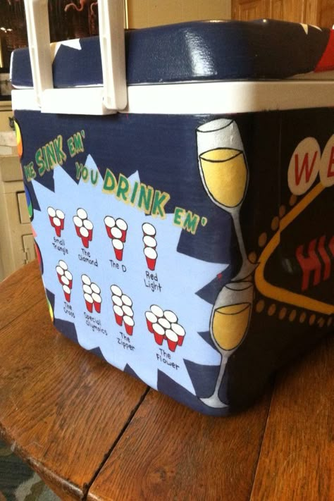 Beer pong cooler Frat Cooler Side Ideas, College Shenanigans, Frat Coolers Ideas, Nola Cooler, Sorority Coolers, Frat Formal, Beer Pong Table Designs, Painted Coolers, Formal Cooler Ideas