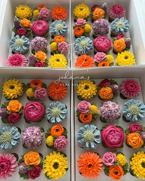 Garden Flower Party Theme, Floral Bridal Shower Cupcakes, Floral Theme Birthday Cake, Floral Themed Cupcakes, Colorful Flower Cupcakes, Garden Wedding Cupcakes, Bright Flower Cupcakes, Wild Flower Wedding Cupcakes, Love Is In Bloom Cupcakes