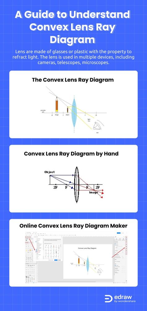 The students can use a convex lens diagram to understand the ray's path after passing through a convex lens. When light rays pass through the lens, based on the position and nature of the lens, the rays change their paths. The nature of the image formation also depends on the object's placement. Click through, learn more about convex lens ray and make experiment diagram by yourself. 
#ConvexLensRay #ExperimentDiagram #Physical Science Diagrams, Lighting Diagram, Convex Lens, Ray Of Light, The Ray, Laboratory Equipment, Light Rays, Paper Illustration, Natural Lighting