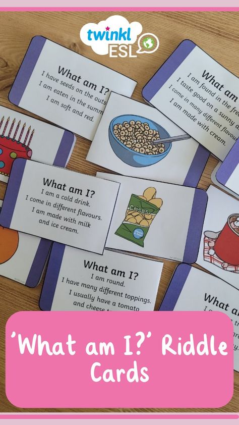 English Food vocabulary themed riddle card activity. Food Riddles, Guessing Games For Kids, Speaking Activities Esl, What Am I Riddles, English For Students, Building Vocabulary, Esl Games, English Games, Speaking Activities