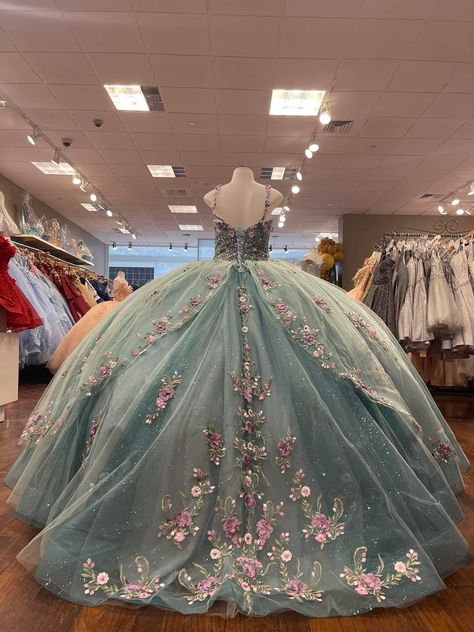 Arial Quinceanera Dress, Sea Green Quinceanera Dress, Sage Green And Purple Quince Dress, Green And Purple Quince Dress, Aqua Quince Dress, Green And Purple Quinceanera Dresses, Pink And Green Quinceanera Dress, Enchanted Forest Quince Dress, Enchanted Forest Theme Quinceanera Dress