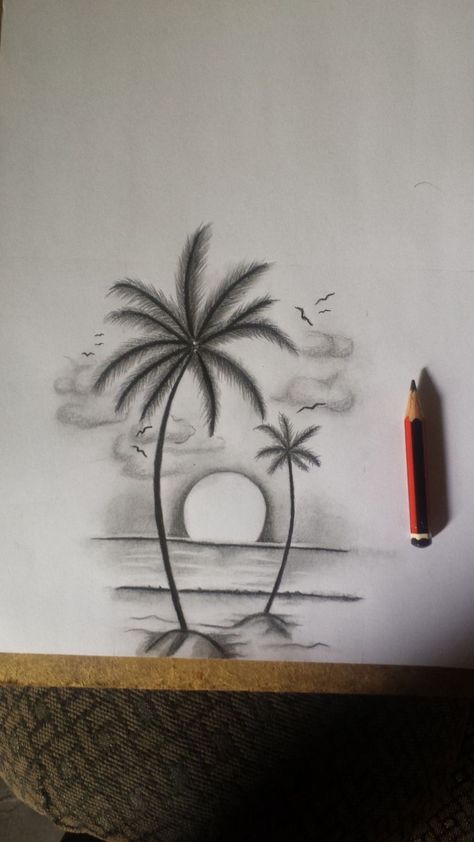 Palm Tree Tattoo Drawing, Palm Tree Tattoo Design Drawing, Palm Tree Sunset Tattoo Design, Beach Drawing Sketches, Palm Drawing, Sunset Sketch, Tree Pencil Sketch, Jute Wall Art, Palm Tree Sketch