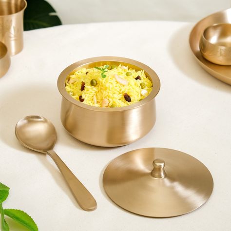 A set for every nook and corner of your home. 🍽️ Good things come in sets, like our Kansa Collection. ✨ Explore Now Products Included: 1. Luxe Premium Kansa Dinner Set of 5 2. Medium Pure Kansa Serving Bowl with Lid and Ladle - 1000ml 3. Large Pure Kansa Serving Bowl with Lid and Ladle - 1300ml #kansa #kansadinnerset #dinnersets #servingbowls #diningtabledecor #bronzedinelegance #bronzedinnerset Indian Crockery, Serving Bowls With Lids, Crockery Design, Serving Bowl Set, Dining Sets Modern, Tea Accessories, Dining Table Decor, Dinner Sets, Store Decor