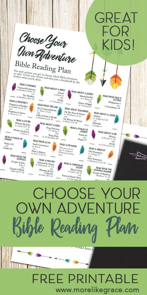 Choose Your Own Adventure Bible Reading Plan - Free Printable | More Like Grace Bible Reading Plan For Kids, Family Discipleship, Adventure Bible, Devotions For Kids, Family Bible Study, Family Bible, Printable Scripture, Writing Plan, Bible Study Printables