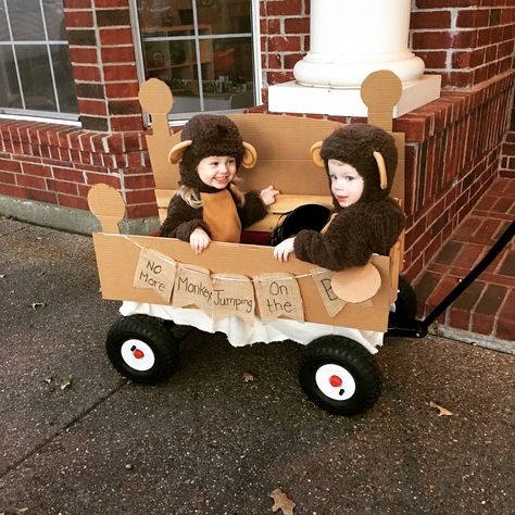 No more monkeys jumping on the bed! Halloween Monkey Jumping On The Bed Costume, No More Monkeys Jumping On The Bed Costume, Family Monkey Costume Ideas, No More Monkeys Jumping On The Bed, Monkey Family Costume, Zoo Wagon Halloween, Diy Monkey Costume, 4 Person Halloween Costumes, Wagon Costume