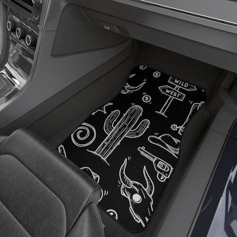 Your Car or Truck floors can now be feel like they are in the wild west just like you do with these custom front mats!  set of two front floor mats only!   -Made in the USA, they have a 20 oz loop polyester carpeting face and a non-skid rubber backing to endure both daily commutes and off-road sessions.  -Durable 20oz loop polyester carpeting face -Sturdy non-skid rubber backing -Made in the USA -Front mats are 17x26 inches Due to the production process of the mats, please allow for slight print Western Car Decor Ideas, Western Vehicle Accessories, Western Truck Accessories, Western Car Decor, Western Car Accessories, Truck Interior Accessories, Western Car, Boho Car Accessories, Cool Truck Accessories