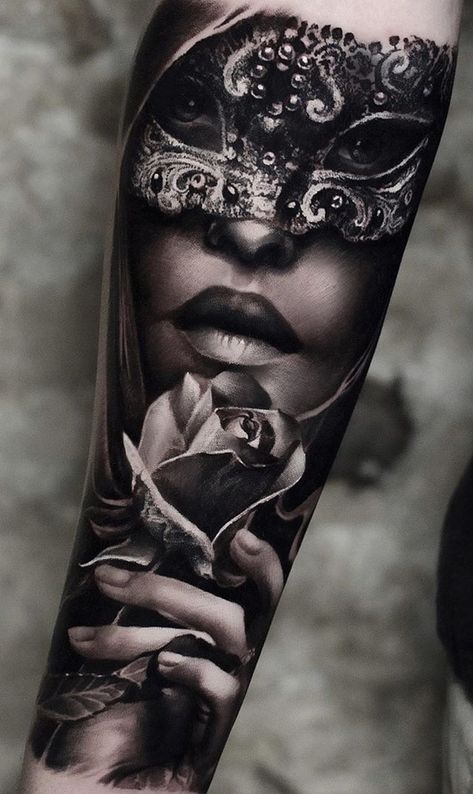 Venetian Mask Tattoo, Masquerade Tattoo, Tattoo Bein Frau, Mask Tattoos, Portrait Tattoo Sleeve, Chicanas Tattoo, Face Tattoos For Women, Girl Face Tattoo, Realistic Tattoo Sleeve