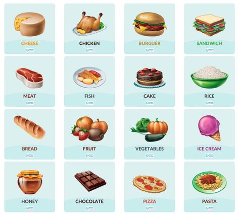 Food. Alimentos en inglés (Smile And Learn) Chocolate Pizza, Rice Bread, Honey Chocolate, Game Name, Meat Sandwich, Creamed Honey, Simple Food, Healthy Living Quotes, Workout Chart