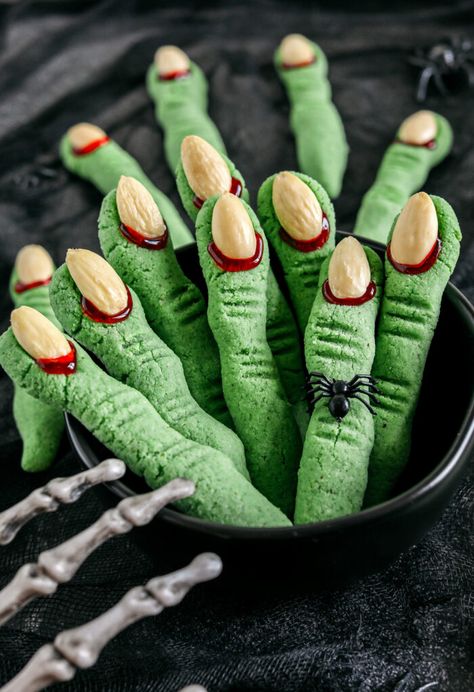 Spooky Witch Finger Cookies Almond Flavored Cookies, Witch Fingers, Witch Finger Cookies, Flavored Cookies, Halloween Challenge, Gluten Free Pumpkin Spice, Histamine Diet, Finger Cookies, Glazed Meatballs