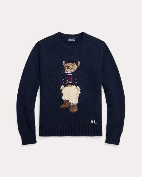 Ralph Lauren Mens Designer Sweaters, Ralph Lauren Polo Bear, Ralph Lauren Womens Clothing, Bear Sweater, Polo Ralph Lauren Sweater, Cotton Jumper, Linen Sweater, Polo Bear, Polo Sweater