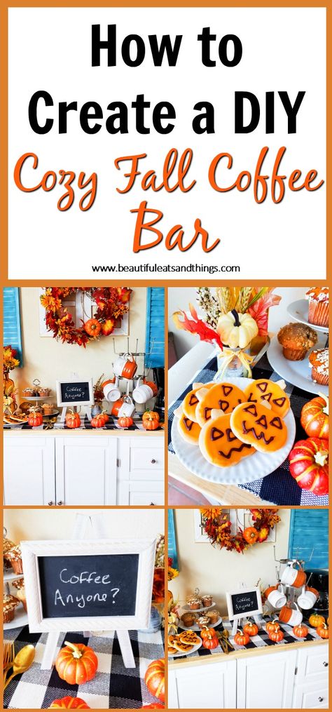 Fall Decorated Coffee Bar, Halloween Coffee Bar Ideas, Fall Coffee Bar Decor Ideas, Thanksgiving Coffee Bar, Fall Coffee Bar Ideas, Autumn Coffee Bar, Fall Coffee Station, Fall Coffee Bar Decor, Coffee Bar In Kitchen