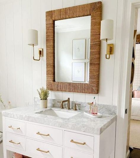 Coastal Calm Bathroom, Coastal Bathroom Fixtures, Coastal Bathroom Sconces, Wicker Bathroom Mirror, Coastal Bathroom Mirror Ideas, Bathroom Mirrors And Lighting, Rattan Mirror Bathroom, Coastal Bathroom Vanities, Bathroom Swatches