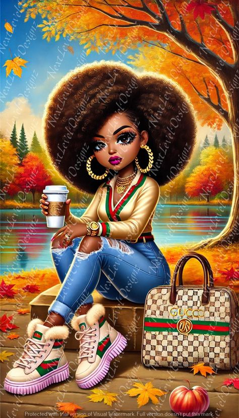 Embrace the beauty of autumn with this stunning, full-view oil painting featuring a confident and stylish African-American chibi female character. This one-of-a-kind artwork captures not only the essence of the season but also the character's unique style and personality. Perfect for those who love vibrant, detailed art that radiates confidence and warmth, this piece is ideal for adding a touch of autumnal charm to your living space. Whether you're decorating your home, office, or gifting a loved one, this oil painting is sure to make a statement. Add a splash of color and character to your art collection with this beautiful depiction of fall serenity. WHAT'S INCLUDED: * 4 High Resolution JPG (with background).   Can also be used for: *Stickers *Transfers *Pillows *T-shirts *Planner covers Chibi Female, Images Of Black Women, African American Inspiration, Art Black Love, Afro Beauty, African American Art Women, Planer Cover, Autumn Chic, Black Inspirational Quotes