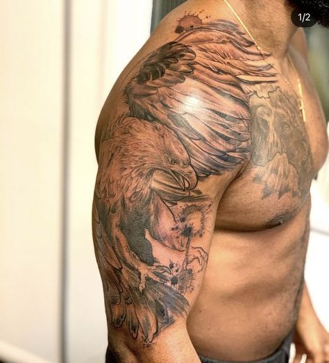 Front Shoulder Tattoo Men, Front Shoulder Tattoo, Shoulder Tattoo Men, Eagle Shoulder Tattoo, Front Shoulder Tattoos, Sleeve Ideas, Sleeves Ideas, Wolf Tattoos, Wolf Tattoo