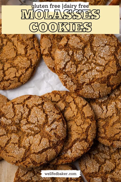 A batch of gluten free molasses cookies scattered on a table. Dairy Free Molasses Cookies, Molasses Cookies Gluten Free, Gluten Free Pumpkin Molasses Cookies, Cassava Flour Cookies, Gluten Free Molasses Cookies Chewy, Gluten Free Soft Ginger Molasses Cookies, Gluten Free Molasses Cookies, Paleo Ginger Molasses Cookies, Gluten Free Gingerbread House