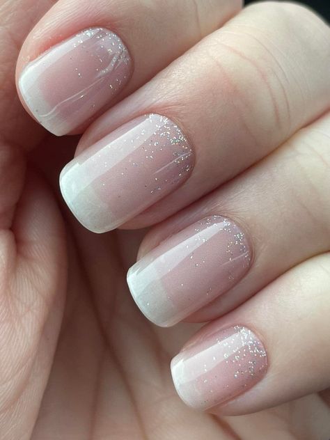 Our In the-Mood-for-Love semi cured gel nail stickers features a beautiful ombre effect with a mix of delicate pink and white hues. This signature style is our best-seller and suitable for everyone, adding a touch of timeless elegance to any occasion.Whether you're heading out for a romantic dinner, a night out with friends, or simply want to add a touch of glamour to your everyday look, or don't know where to start, our In the Mood for Love nail stickers is the perfect choice. Sheer Glitter Nails, Sparkle French Manicure, Ombre French Tip, French Tip Gel, French Fade Nails, Ombre French Tips, French Tip Gel Nails, Ombre Gel Nails, Gel French Manicure