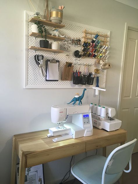 Anatomy of a Small Sewing Space Diy Small Sewing Table, Small Sewing Desk Ideas, Sewing Small Space, Small Sewing Desk, Spare Bedroom/sewing Room Ideas, Small Sewing Station, Bedroom Sewing Space, Sewing Desk Organization, Sewing Storage Small Space