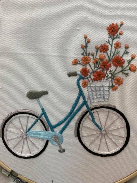 Cycle Embroidery Design, Bike Embroidery, Bicycle Embroidery Pattern, Embroidered Basket Of Flowers, Bicycle With Flowers In Basket Painting, Diy Crochet Bag, Cushion Cover Designs, Moms Crafts, Hand Embroidery Design Patterns