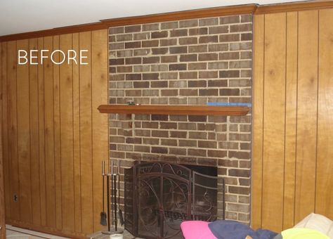 fireplace makeover White Brick Fireplace Wood Paneling, Brick Fireplace Wood Paneling, Wood Panel Fireplace Makeover, Update Old Fireplace Brick, Brown Brick Fireplace Makeover, White Fireplace Dark Walls, White Brick Fireplace Makeover, Red Brick Fireplace Makeover, Painted Fireplace Brick