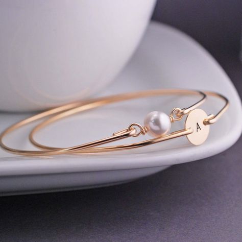 Gold Bangles, Personalized Gold Bangle Bracelet Set TWO Custom 14k Gold Filled Stamped Bracelet, Pearl Bangle Collection, Gold Minimalist Jewelry, Bracelet Set Silver, Stamped Bracelet, Bracelet Pearl, Pearl Bangle, Bangle Bracelet Set, Bridesmaid Jewelry Sets, Engraved Bracelet