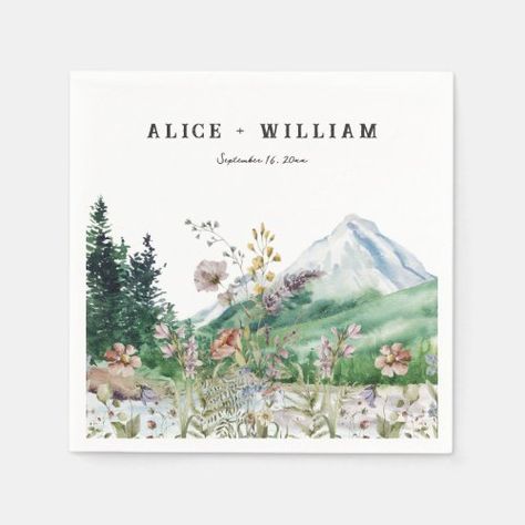 Rustic Mountain Wildflower | Wedding Napkin for $44.85 - Wedding Table Serving & Decorations Summer Mountain Wedding Decor, Wedding Invitation Mountain, Mountain Save The Date, Wedding Mountain Theme, Mountain Wildflower Wedding, Woodsy Wedding Decorations, Mountain Palette, Mountain Themed Wedding, Mountain Theme Wedding