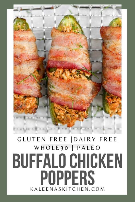 Made with tangy buffalo chicken that's stuffed in jalapenos and wrapped in crispy bacon, these Buffalo Chicken Poppers are the ultimate party and game day dish. Chicken Stuffed Jalapenos, Paleo Buffalo Chicken, Buffalo Chicken Sauce, Healthy Buffalo Chicken Dip, Gluten Free Recipes Appetizers, Stuffed Jalapenos, Chicken Poppers, Bacon Wrapped Jalapeno Poppers, Chicken Dip Recipe