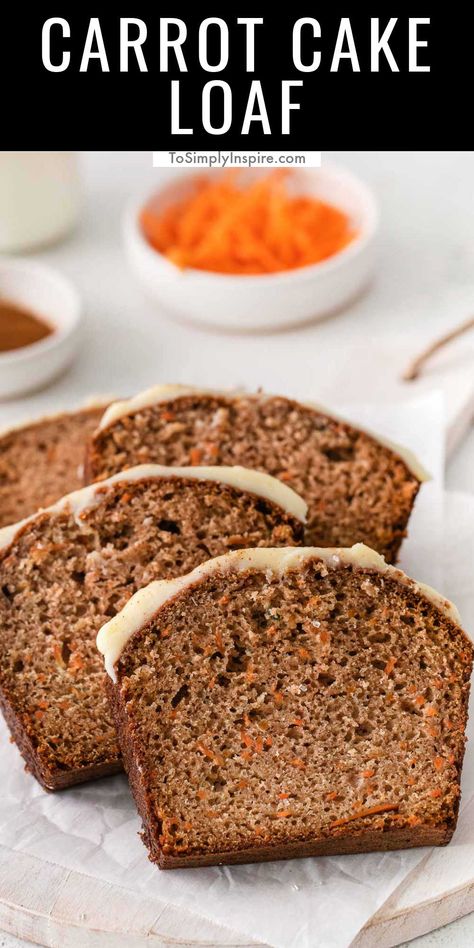 four slices of carrot cake bread with icing Carrot Cake Loaf Recipe Easy, Carrot Cake Roll With Cream Cheese Frosting Filling, Loaf Pan Carrot Cake Recipe, Carrot Loaf Cake, Carrot Cake Loaf Recipe, Simple Carrot Cake, Carrot Loaf, Ginger Loaf, Classic Carrot Cake